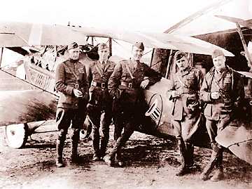 Eddie Rickenbacker, center, with other members of the 94th Aero ("Hat in the ring") Squadron. The squadron was based at Selfridge. 